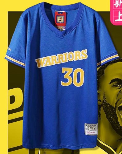 NBA 30 Curry Warriors Maillot Retro manche courte bleu brodé